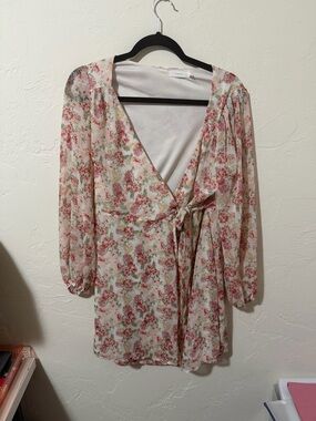 Lush White Floral Wrap Dress with Pink Rose Print